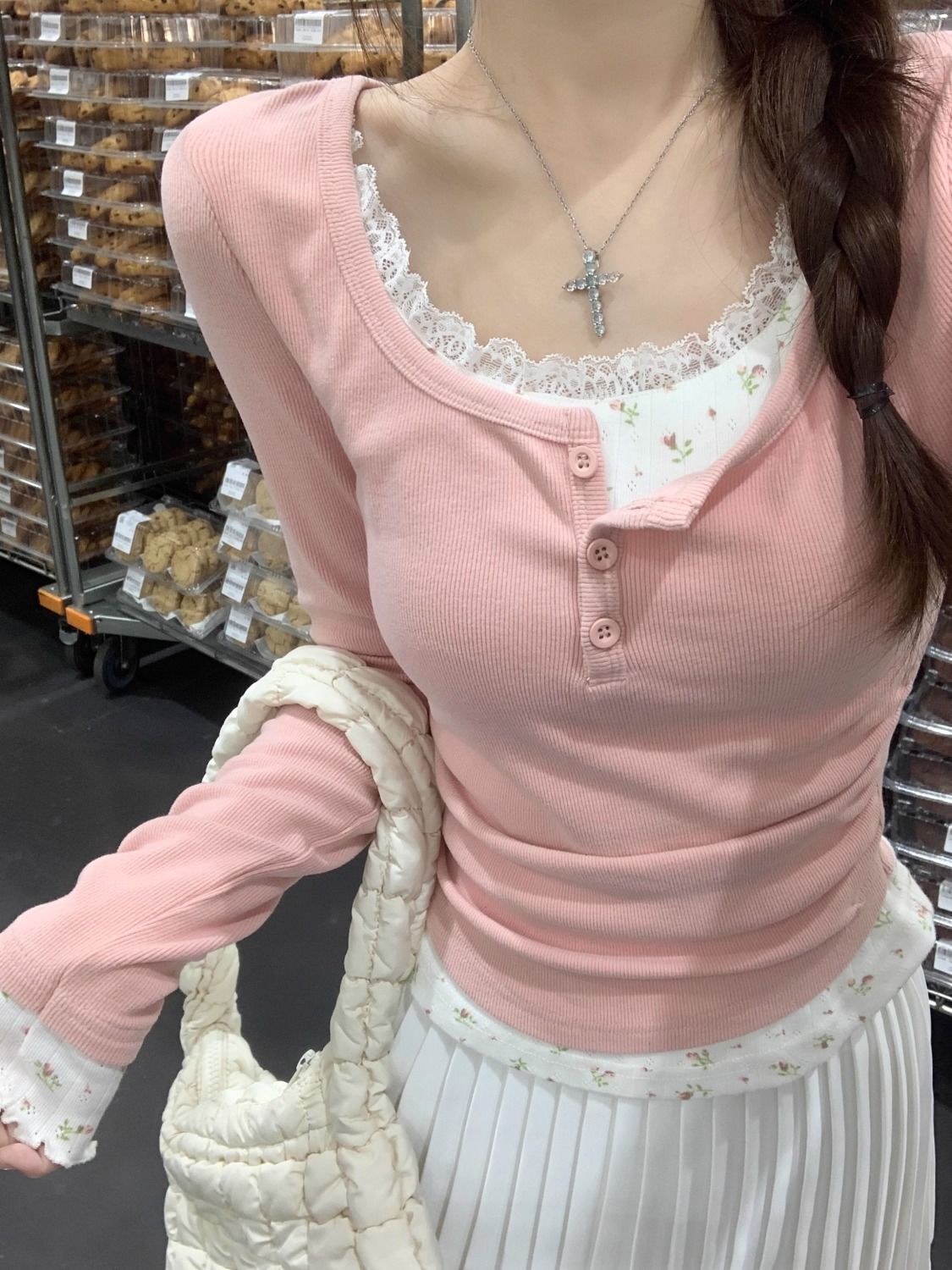 2026 Pink Floral Two-piece Cre - đánh giá và giá Undershirt Crew Neck